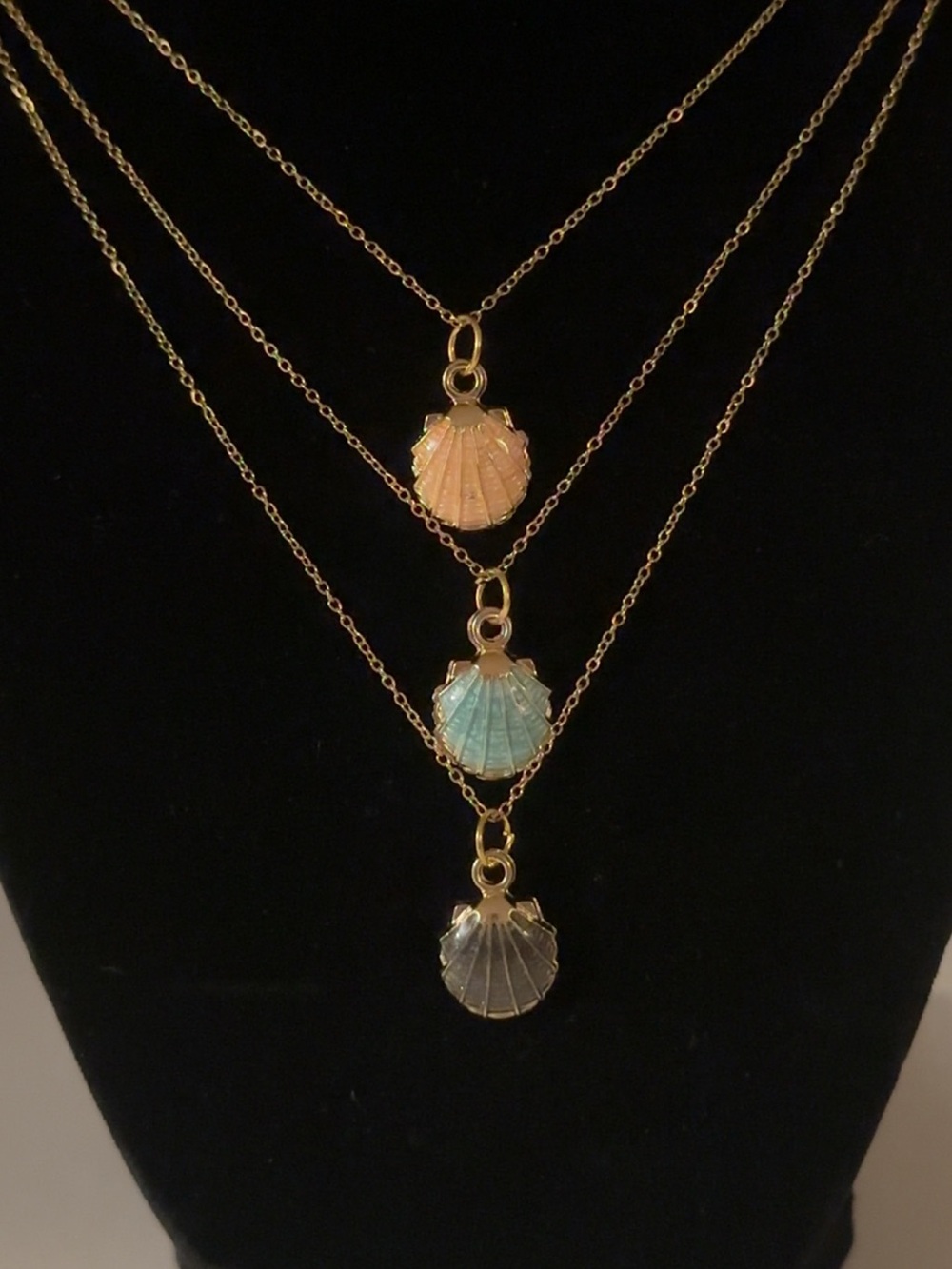 Gold  Necklaces Trio with Pink, Mint and Onyx Shell Charms